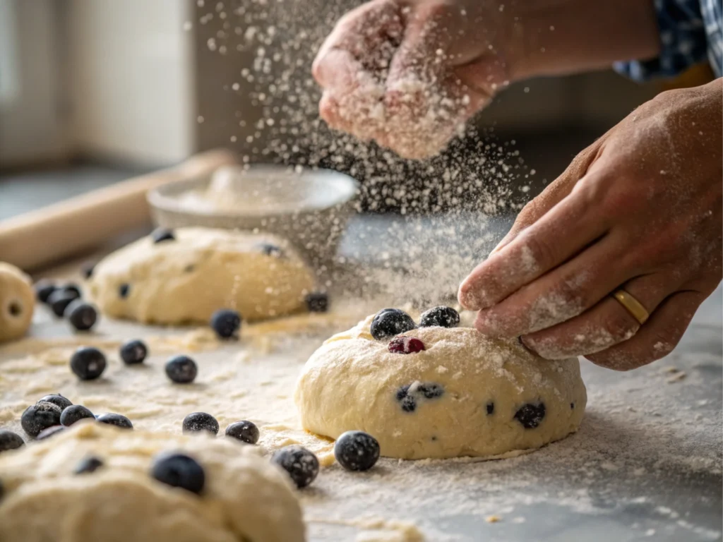 Hands mixing dough with flour dust in a cozy kitchen