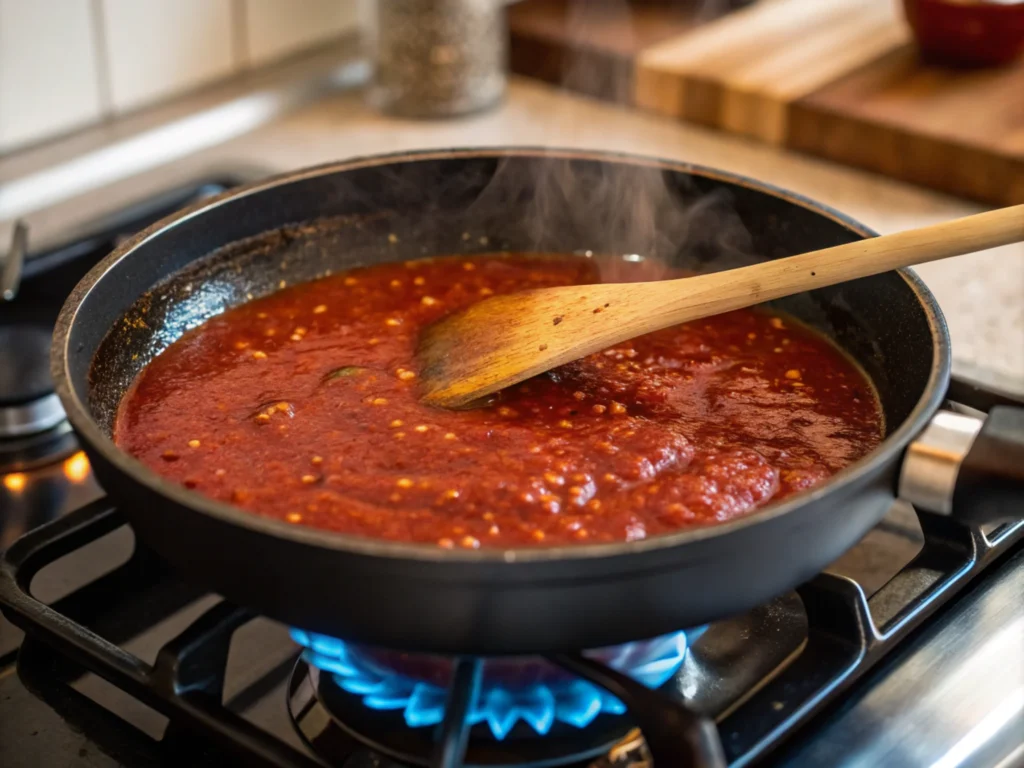 Mexican sauce simmering in a pan with rising steam.