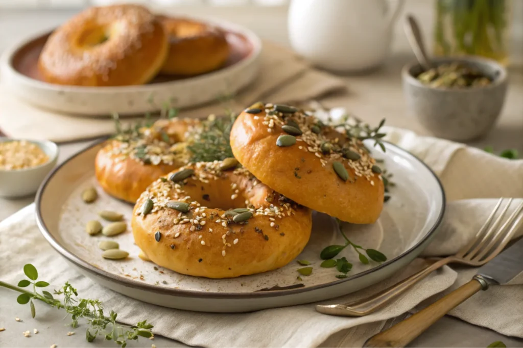 Bagels served on a modern plate, garnished with seeds, side dishes, and warm natural lighting