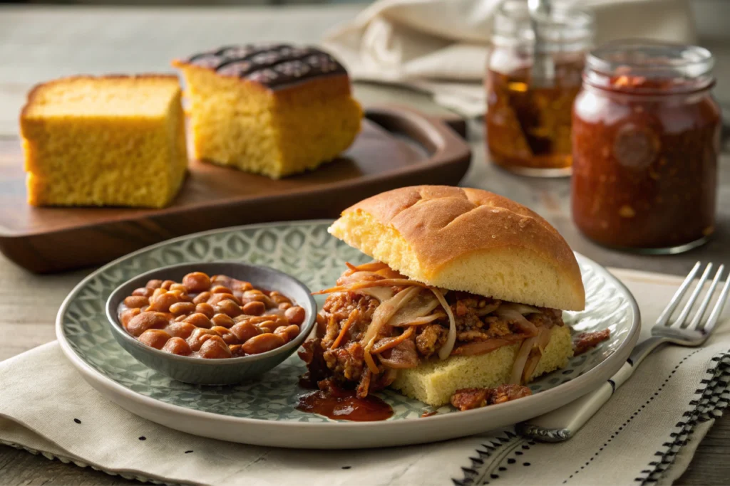 BBQ sandwich served with sides and toppings