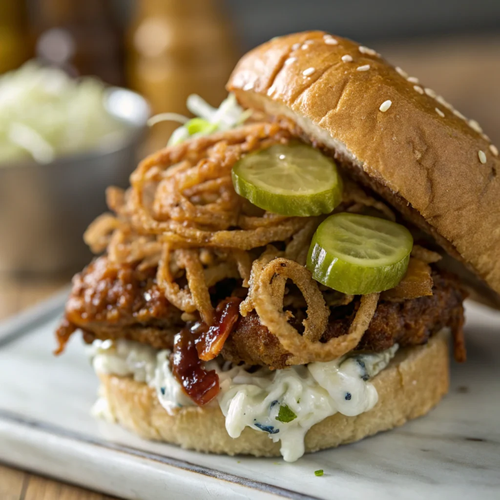 Close-up of crispy onions and slaw as BBQ sandwich toppings