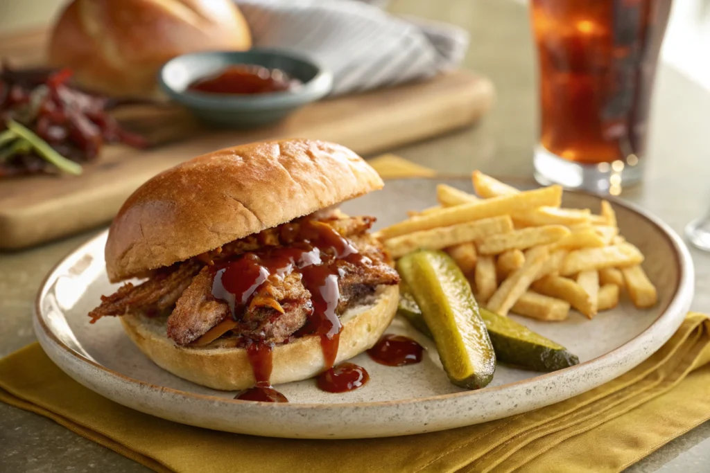 Plated dish with a sandwich, fries, and garnishes