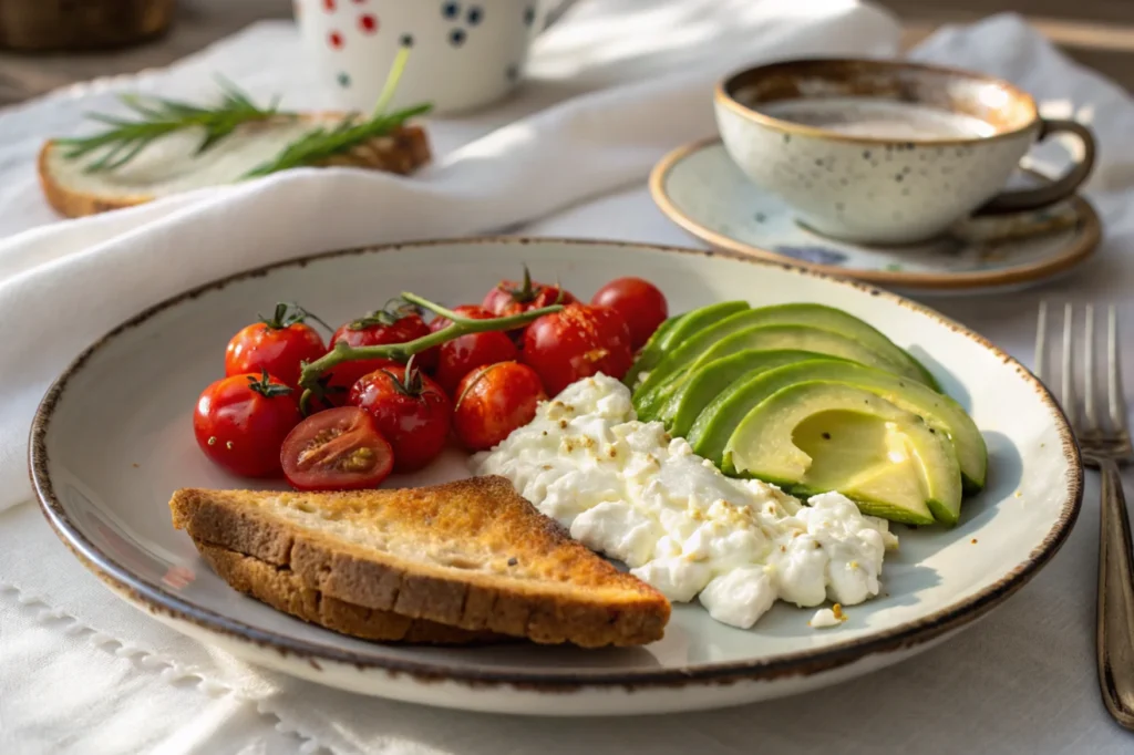 Healthy meal with cottage cheese, avocado, and toast