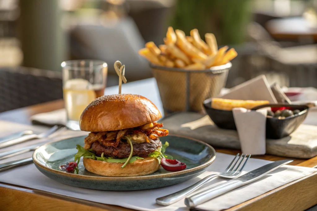 Brisket beef burger served with garnishes and sides