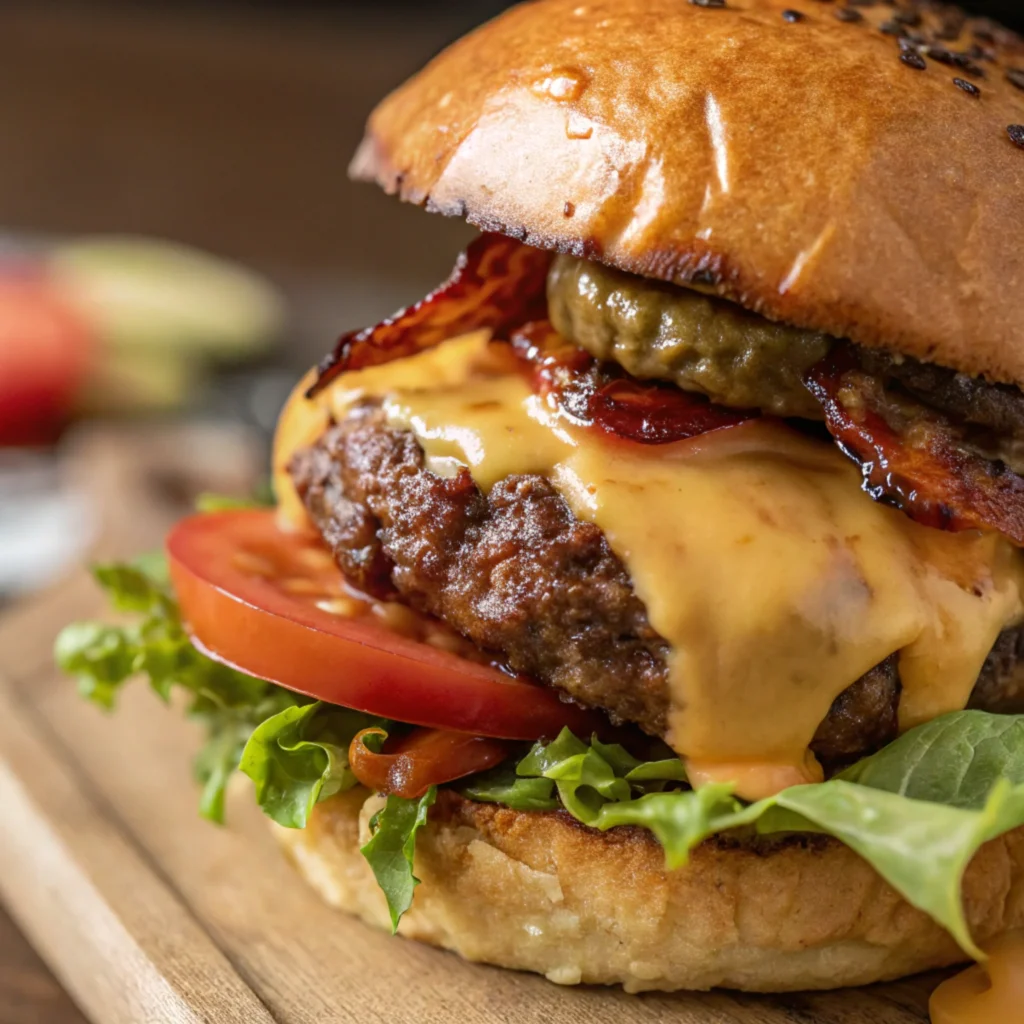 Close-up of a brisket burger with melted cheese