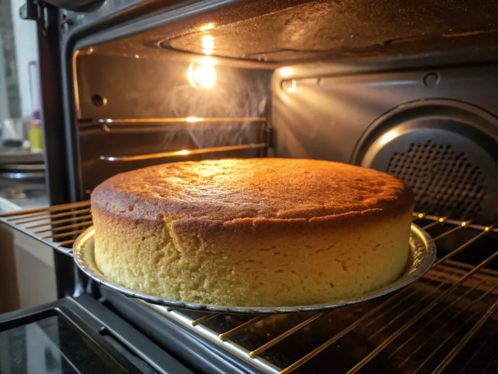 Birthday cake baking in the oven with a golden surface and warm glowing light.