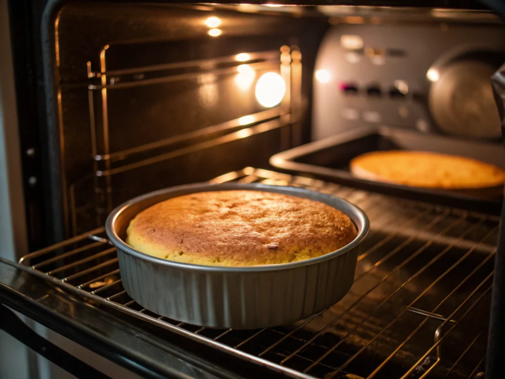 Cake baking in an oven with golden batter rising