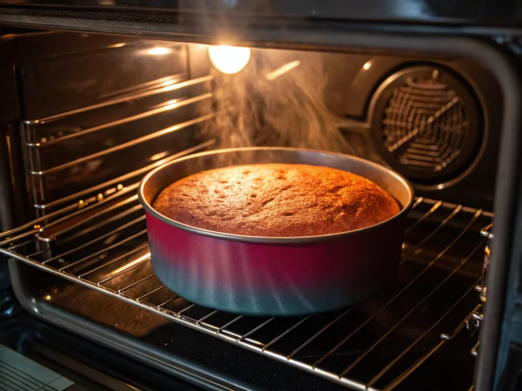 Cake batter with kefir rising in the oven, steam visible