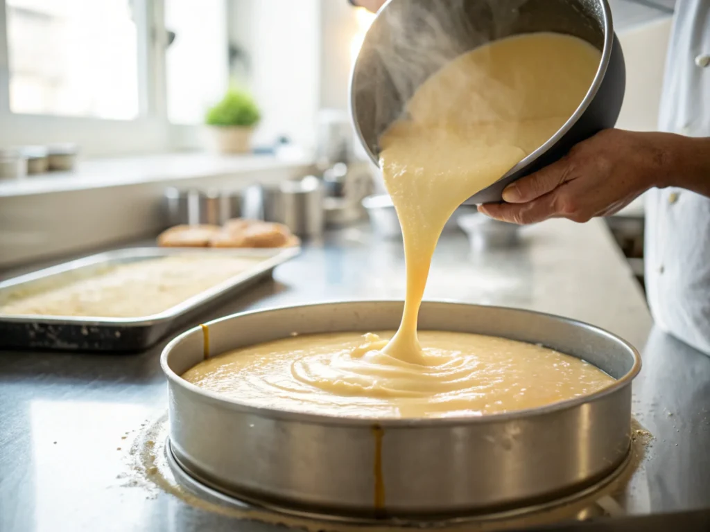 Pouring kefir cake batter into a pan