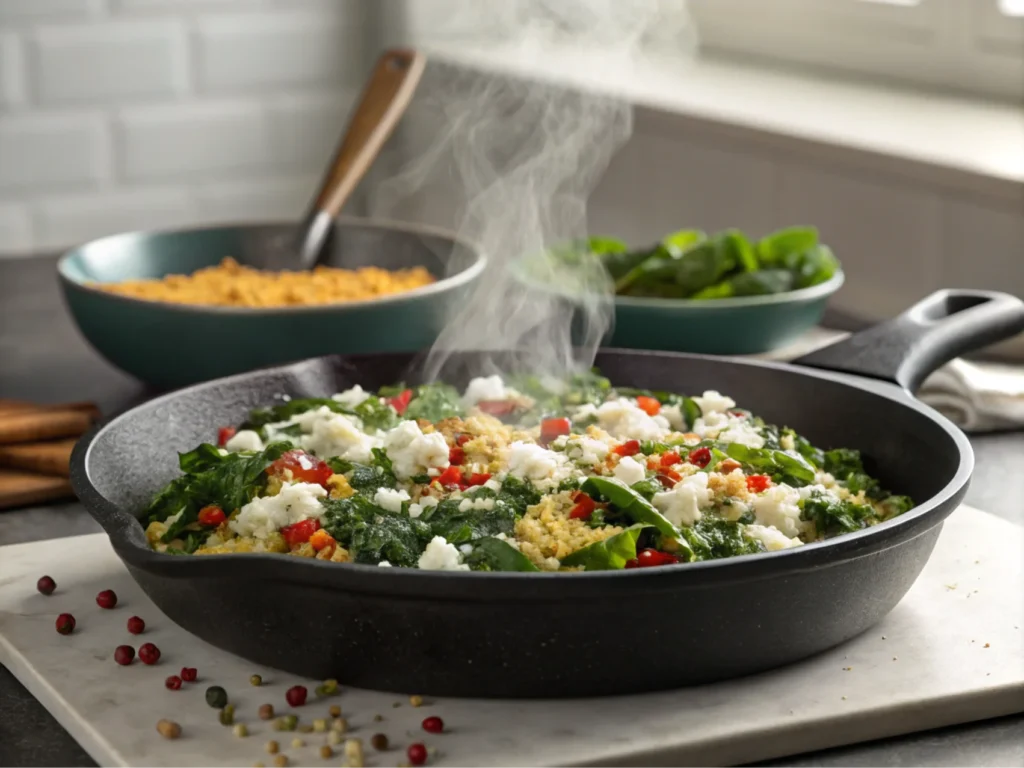 Skillet with sautéed spinach, quinoa, and creamy cheese, with steam rising