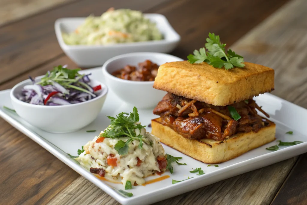 Elegantly plated sandwich garnished with fresh herbs, accompanied by coleslaw and other sides on a wooden table