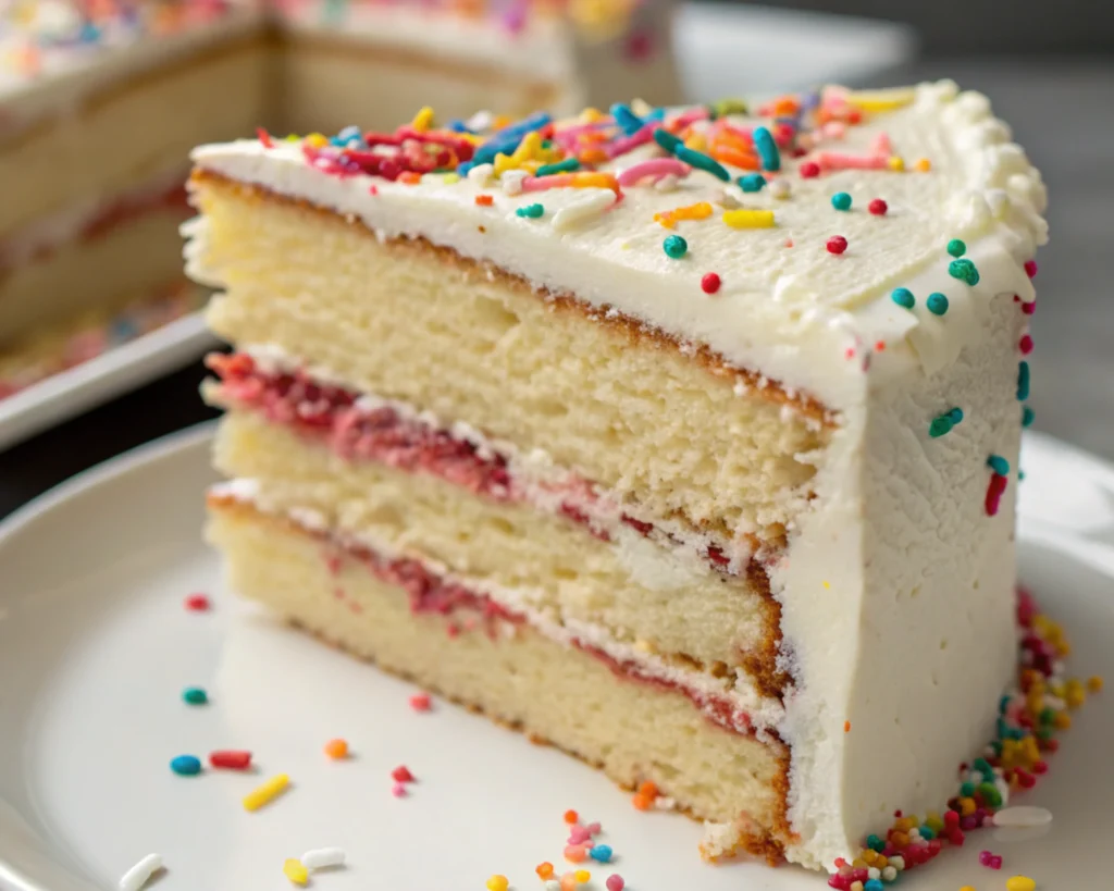 Slice of a rich, frosted birthday cake like Costco’s offerings