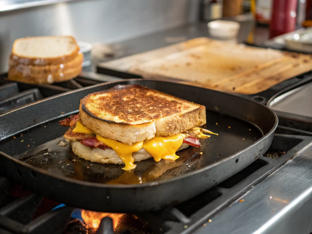 Sandwich grilling on a skillet with melted cheese visible.