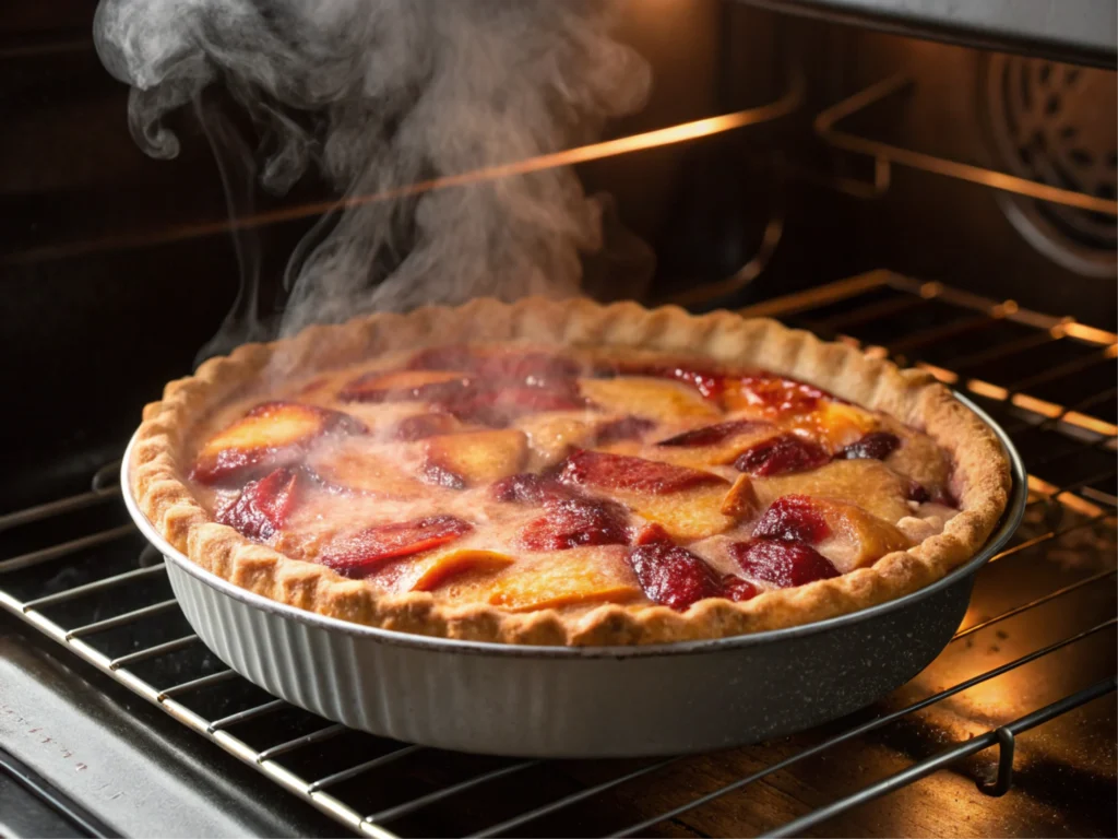 Pie baking in the oven with steam rising