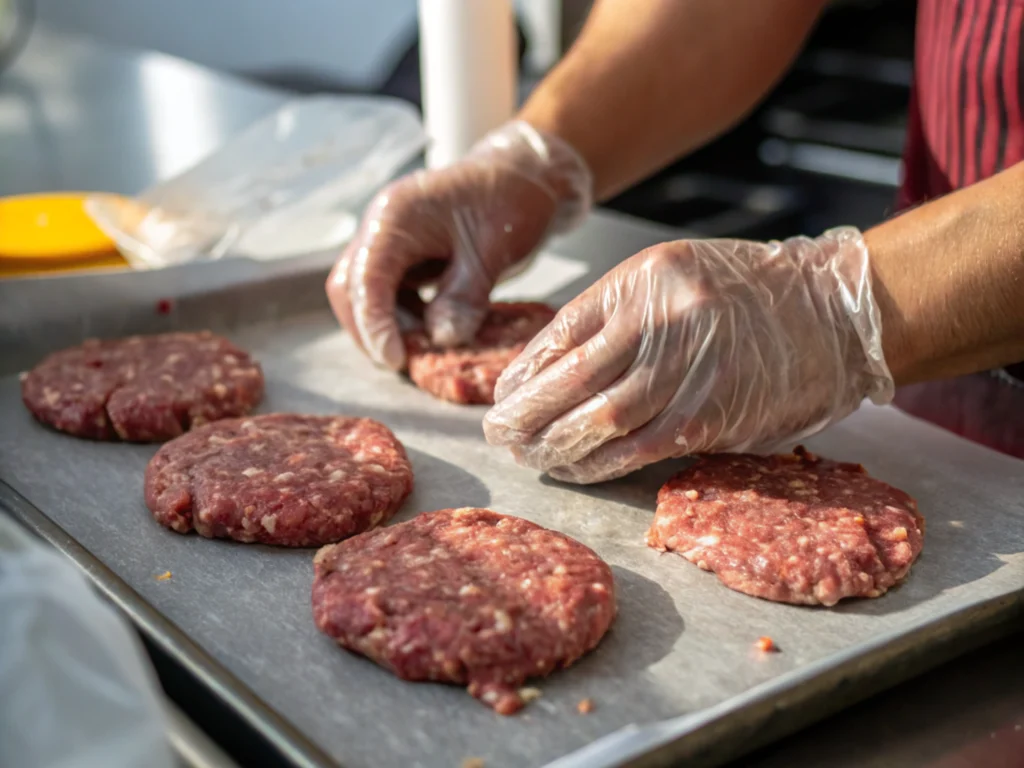 Hands shaping beef patties, captured during meal preparation.