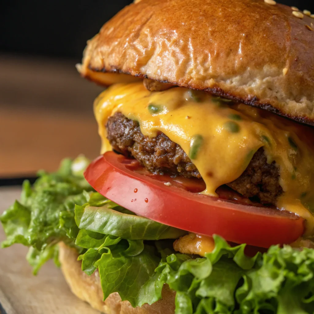 Close-up of melted cheese and toppings on a freshly cooked patty