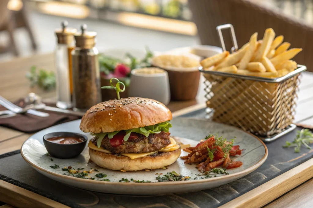 A burger served with fries and garnishes on a modern table setting