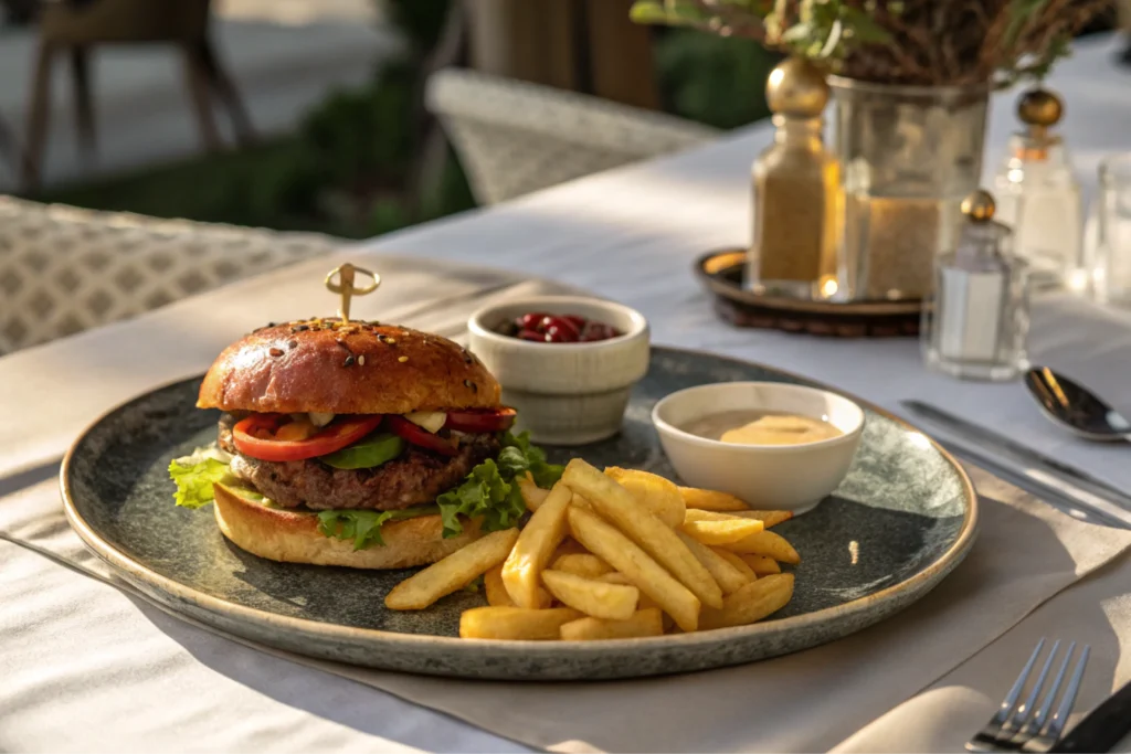 Burger with fries and dipping sauce, styled on a modern table