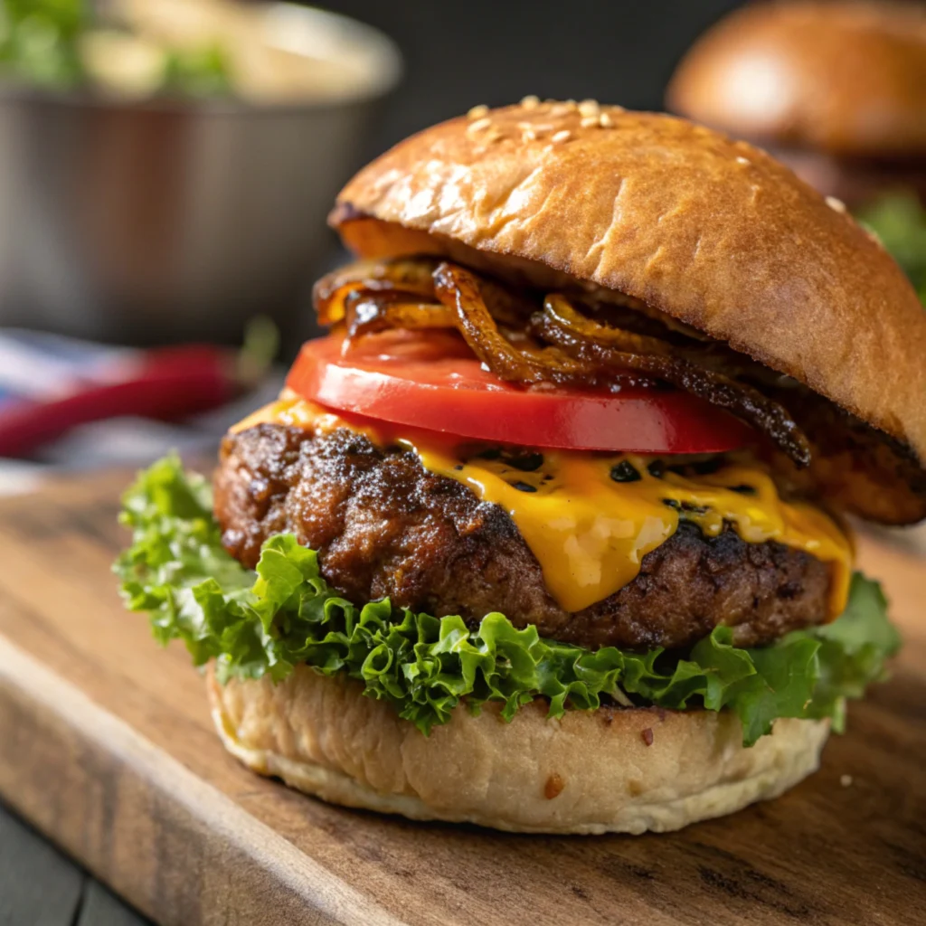 Rich details of a burger with melted cheese and fresh vegetables