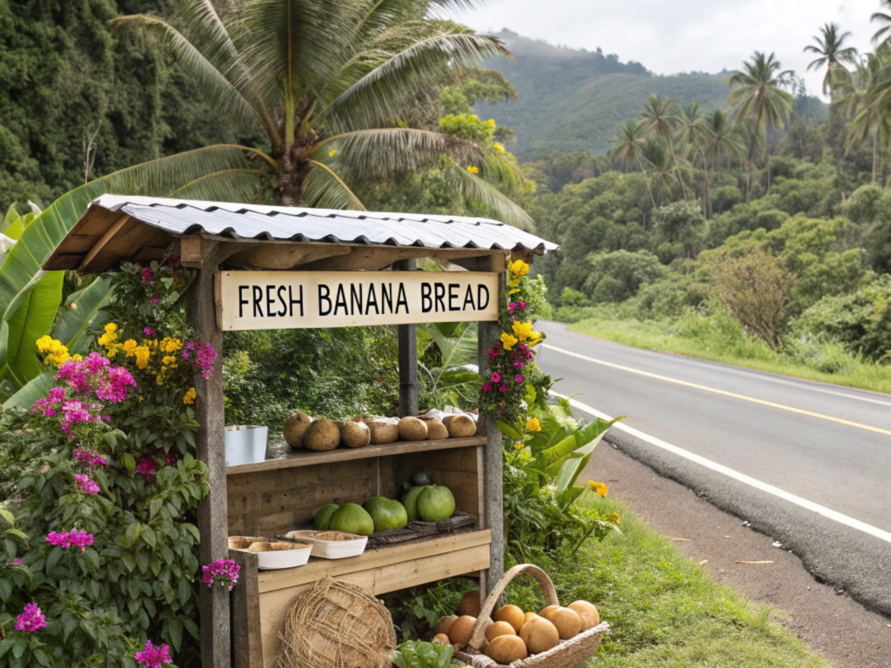 A roadside stand on the Road to Hana with fresh banana bread loaves, coconuts, and tropical decor surrounded by lush greenery