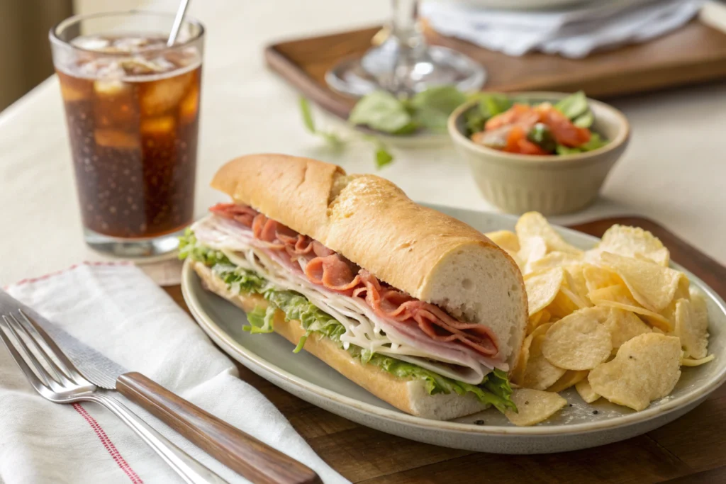 Sandwich served with chips and drink on a modern table.