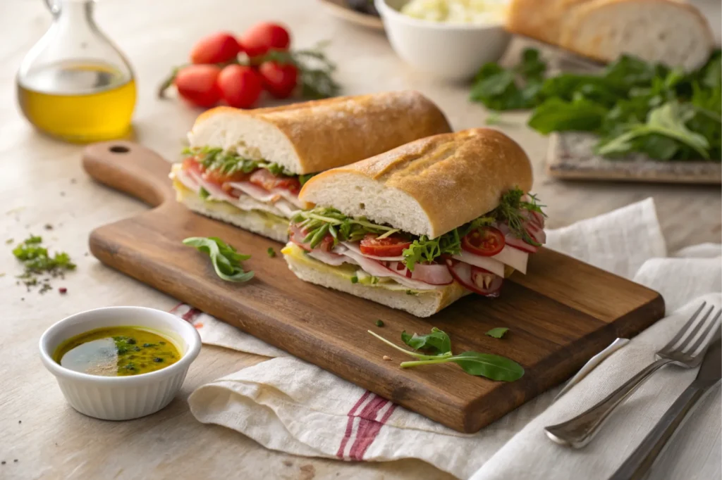 Sub served on a wooden board with garnishes and sides