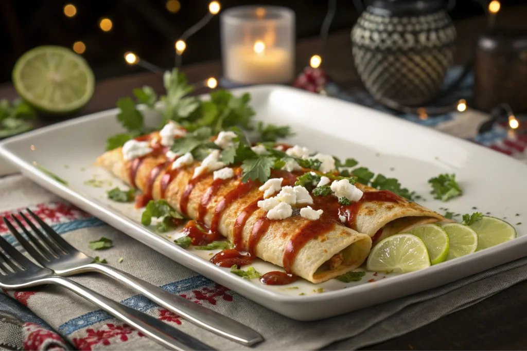 Enchiladas served with garnishes and sauce