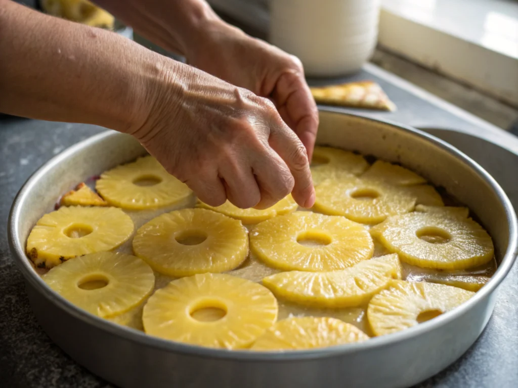 Close-up of hands arranging fruit slices in a baking pan