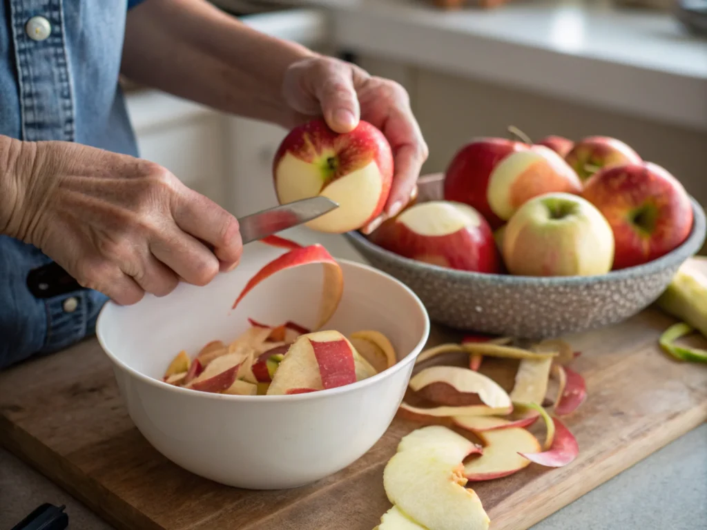 Fresh ingredients for pork and apple casserole on a wooden countertop