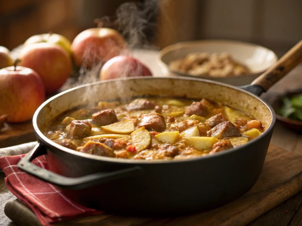 Simmering casserole with steam rising in a pot