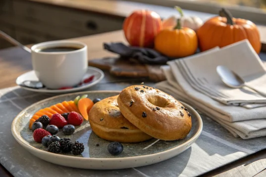 Pumpkin bagel served with fruits and coffee on an elegant table setting