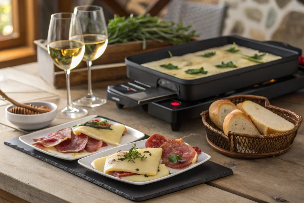 Serving suggestion for a raclette meal with cheese, garnishes, and wine.