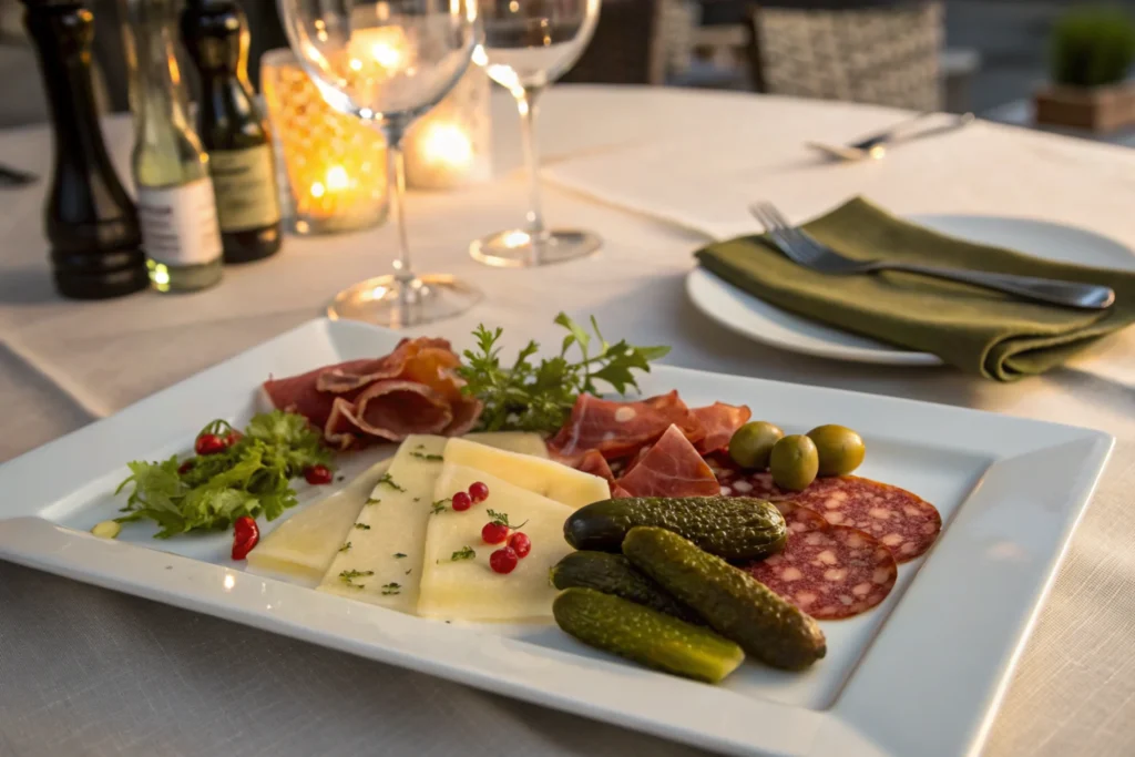 Meal served with pickles, bread, and cured meats on a plate