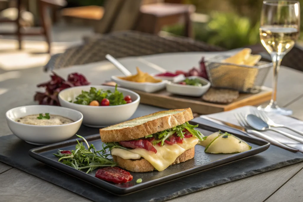 Gourmet sandwich served with fresh salad greens, pickles, and crispy potato chips, styled on a modern table setting under natural light