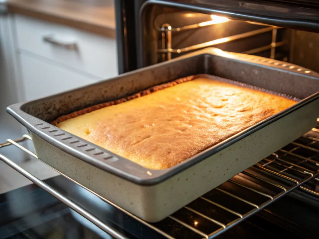 Cake baking in a modern oven, showing a golden crust forming under vibrant lighting.