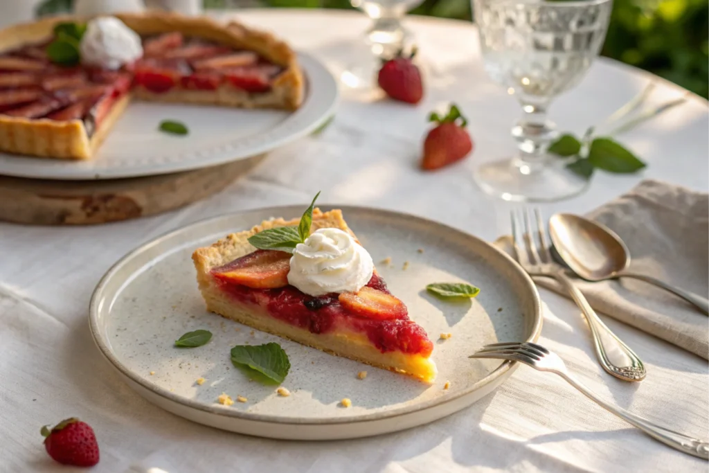 A slice of fruit pie served with garnished