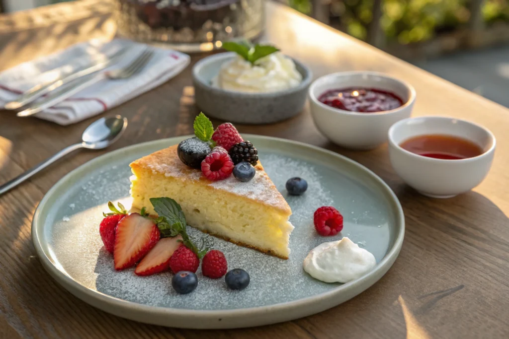 Slice of kefir cake served with fresh berries on an elegant table