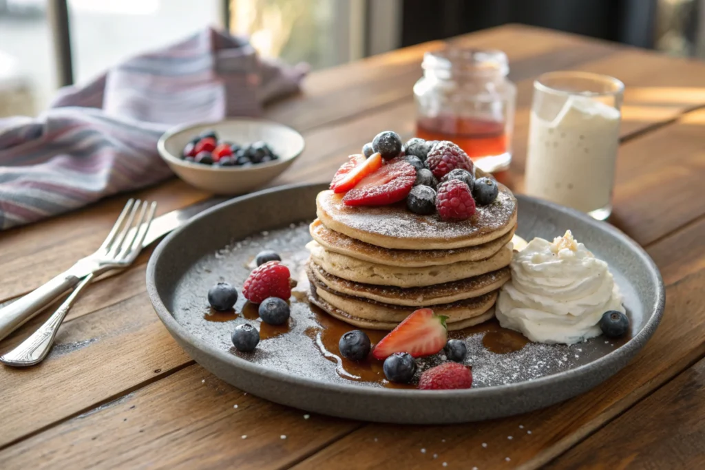 Pancakes served on a modern plate, styled with fresh berries, in an elegant table setting with soft, warm lighting