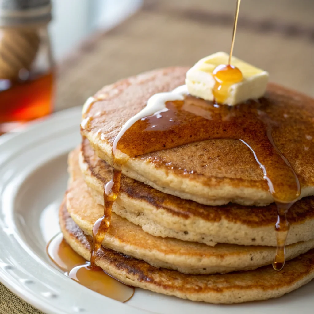 Close-up of golden pancakes topped with butter and maple syrup, showcasing rich textures and vibrant colors