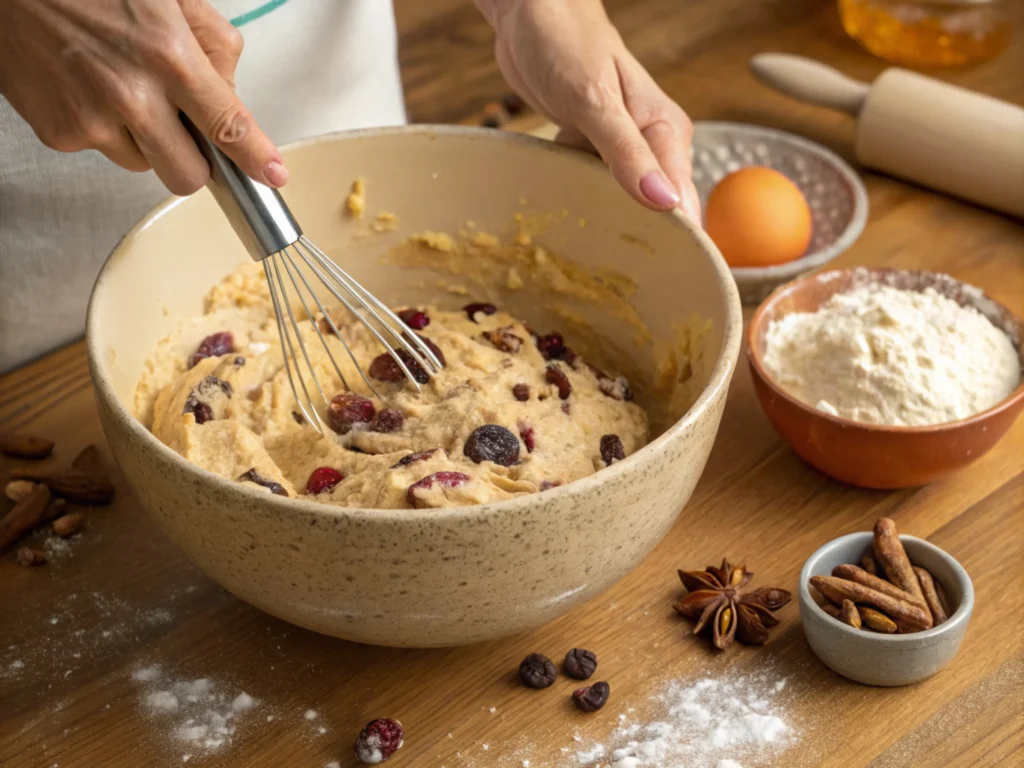 Hands mixing batter with dried fruits and nuts in a ceramic bowl on a wooden countertop