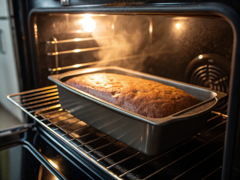 Cake baking in the oven with golden crust forming under soft oven light.