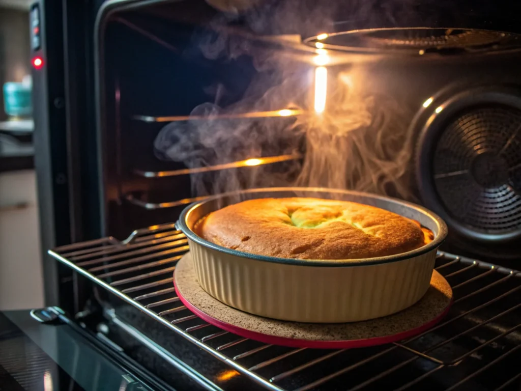 Cake baking in an oven with steam rising and a visible golden crust forming.