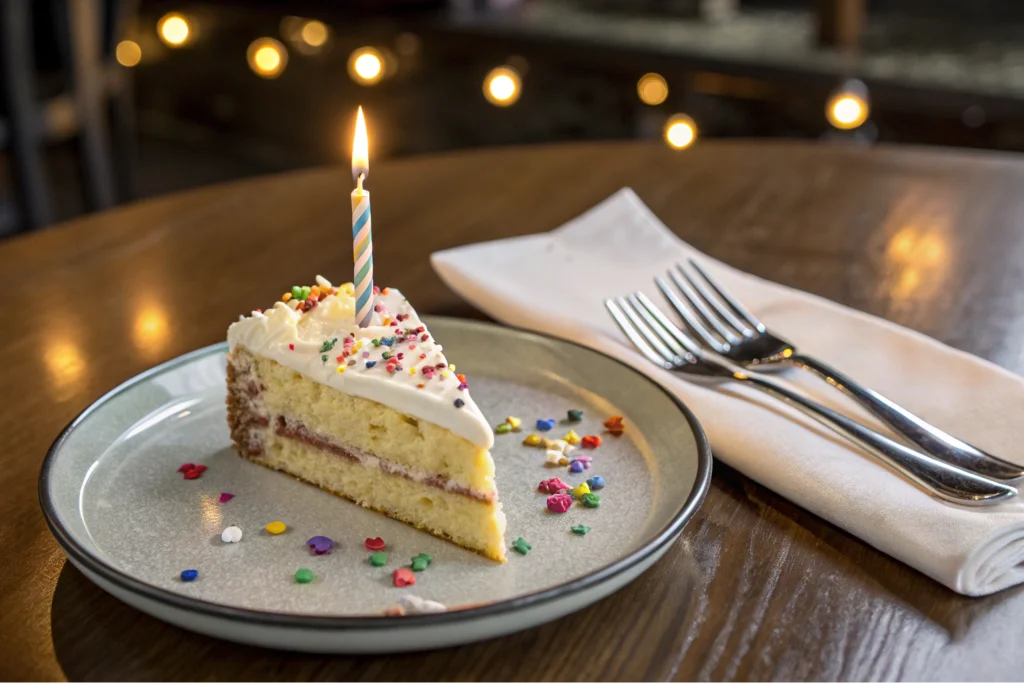 Slice of birthday cake served on a modern plate with a fork and napkin in elegant lighting.