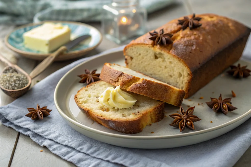 Sliced anise-flavored bread served with butter on a modern plate