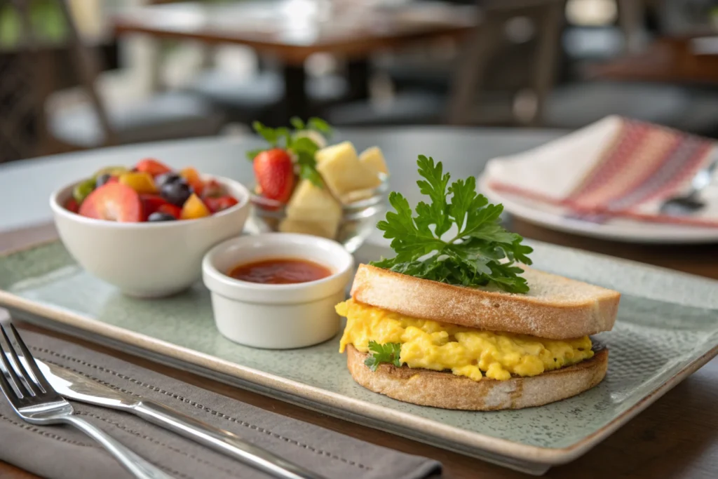 Sandwich served with garnishes and a side dish on a modern plate