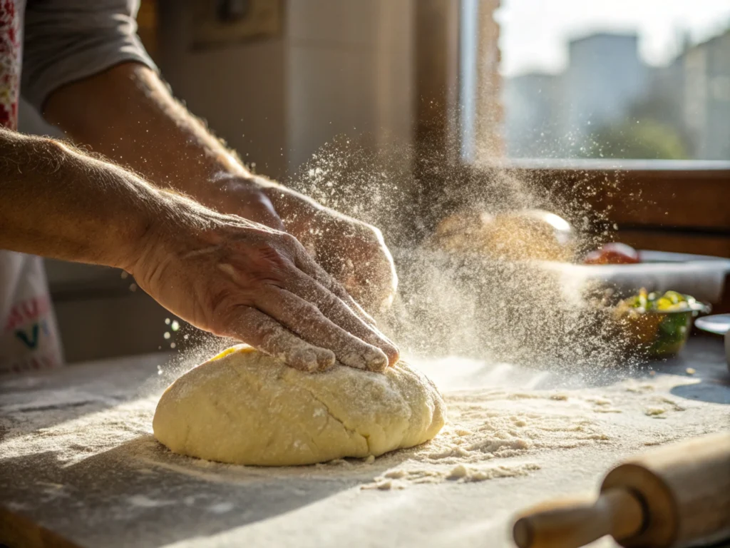 Close-up of hands kneading dough on a floured kitchen surface