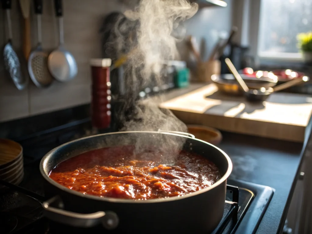 Pork cooking with steam rising from the pot.