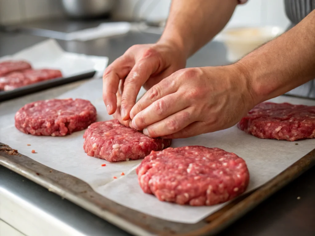 Close-up of hands shaping burger patties in a kitchen