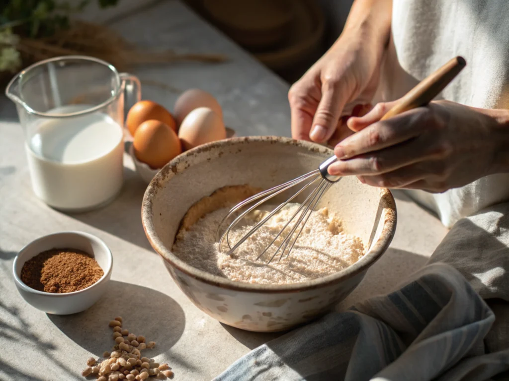 Close-up of hands whisking pancake batter in a ceramic bowl