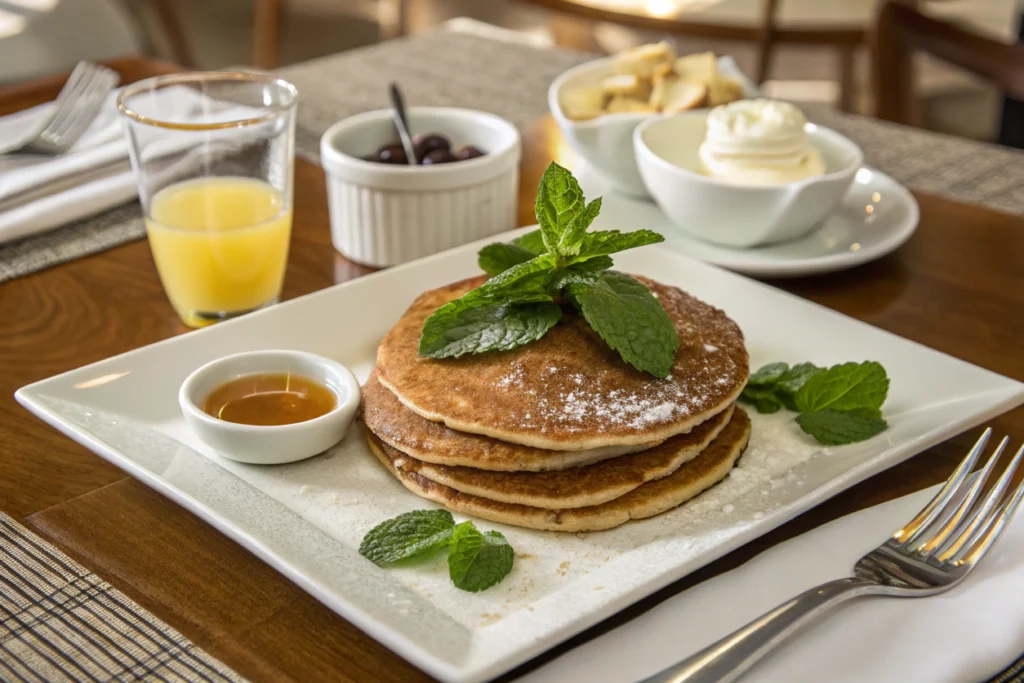 Pancakes served on a plate with garnishes and sides